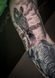 tatouage bras réaliste, thème savane, zèbre et éléphant, tattoo cover